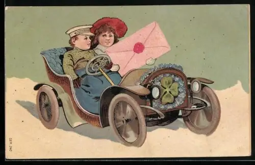 AK Kleines Paar mit Brief im Auto, Kleeblatt u. Vergissmeinnicht