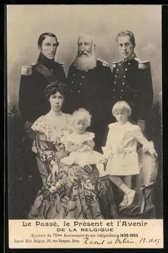 AK Le Passe, le Present et l`Avenir de la Belgique, 75me Anniversaire de son independance 1830-1905, Belg. Königshaus