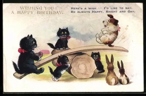 AK zwei Hasen beobachten Katzen und einen Hund auf der Wippe