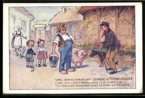 AK Reklame Seis de Potasse, Zufriedener Bauer mit grossem Schwein klärt Bauern mit Hund über seinen Dünger auf