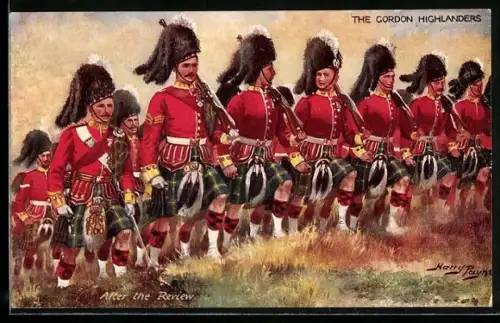 Künstler-AK The Gordon Highlanders, Schottische Soldaten in Uniform auf dem Marsch