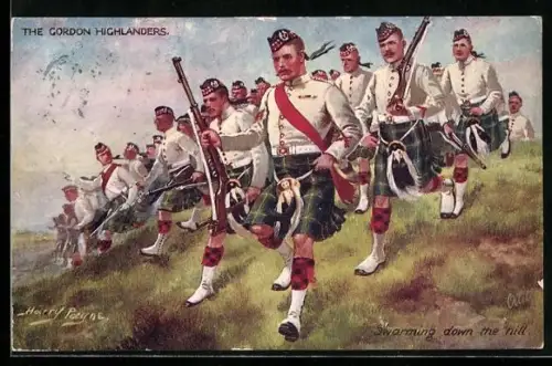 Künstler-AK Harry Payne: The Gordon Highlanders, Swarming down the hill, schottische Infanterie