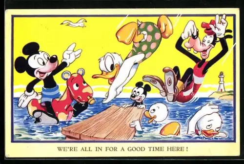 Künstler-AK Comic, ikonische Figuren der Walt Disney Corp. beim Baden