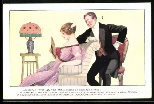 AK Herr unterhält sich mit einer Dame, L`Urodonal m`a rendu la jeunesse, Medikament