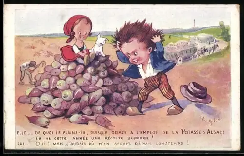 Künstler-AK Right: Mädchen und Junge bei Rübenernte, Landwirtschaft