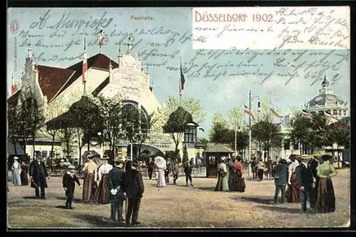 AK Düsseldorf, Ausstellung 1902, Leute vor der Festhalle