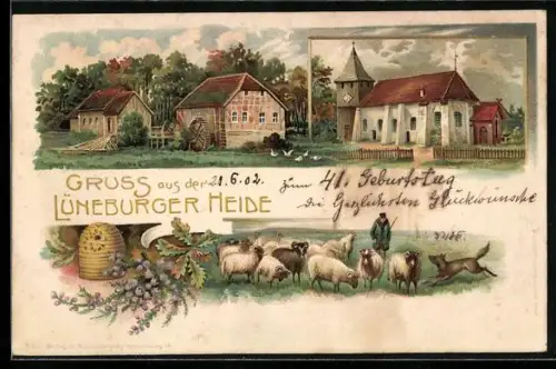 Lithographie Lüneburger Beide, Bienenkorb und Schäfer