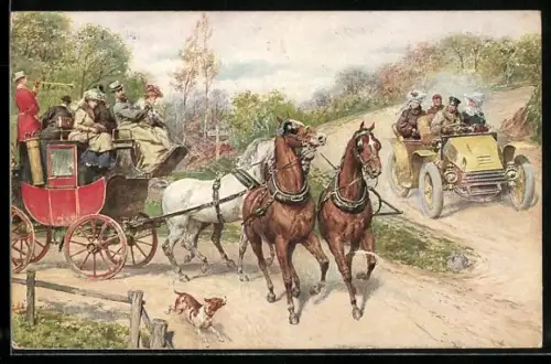 Künstler-AK Heranbrausendes Auto macht die Pferde der Kutsche scheu