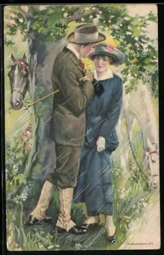 AK Verliebte Reiterin und Reiter mit Pferd