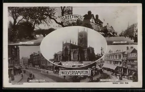 AK Wolverhampton, West Park, Chapel Ash, Queen Square, Victoria Street and St. Peter`s Church