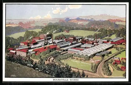 AK Bournville, Works, Fabrik aus der Vogelschau