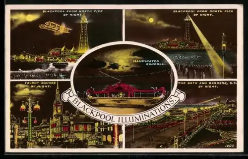 AK Blackpool, General View from North Pier, The Bath and Gardens, Talbot Square, Gondola by Night