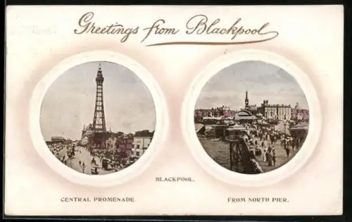 AK Blackpool, Central Promenade and view from North Pier