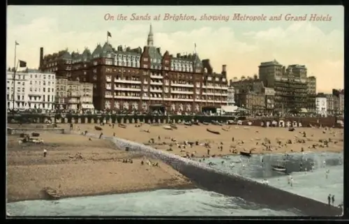 AK Brighton, On the Sands, showing Metropole and Grand Hotels