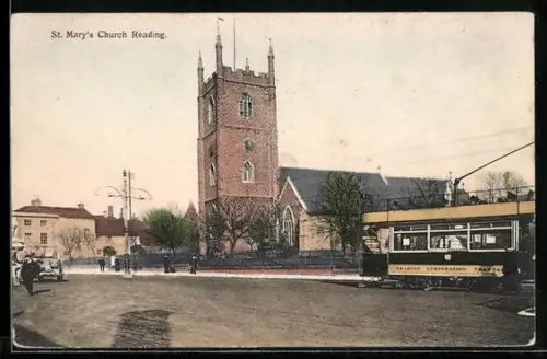 AK Reading, St. Mary`s Church, Strassenbahn