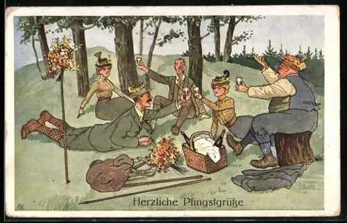 AK Männer und Frauen machen ein Picknick auf der Wiese, Herzliche Pfingstgrüsse