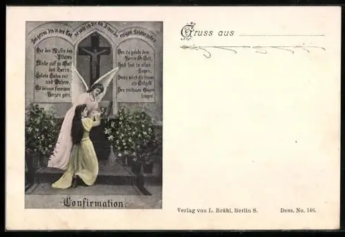 AK Mädchen betet an seiner Konfirmation und wird von einem Schutzengel behütet