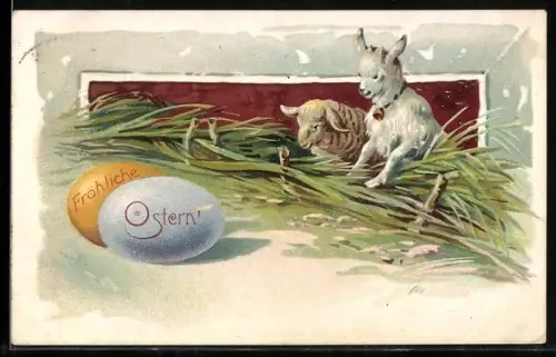 AK Fröhliche Ostern, Lamm und Zicklein finden bunte Ostereier