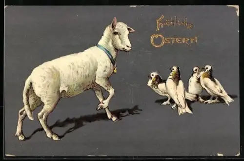 AK Schaf trifft auf mehrere Tauben, Fröhliche Ostern!
