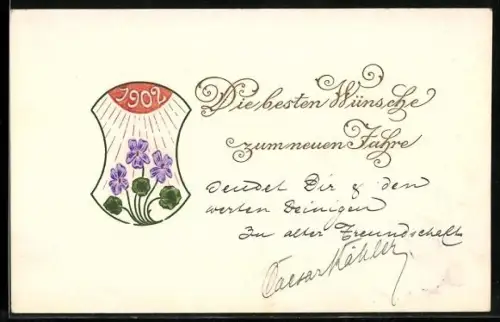 AK Die besten Wünsche zum neuen Jahr 1902, Veilchen und Sonnenstrahlen, Jahreszahl