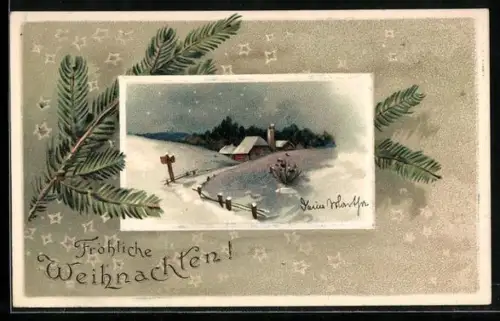 AK Haus in einer Winterlandschaft, Fröhliche Weihnachten