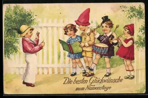 AK Kinder bringen am Gartenzaun ein Ständchen, Glückwünsche zum Namenstag