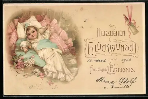 AK Kleinkind liegt auf einem Kissen, Glückwunsch zum freudigen Ereignis, Geburtstag