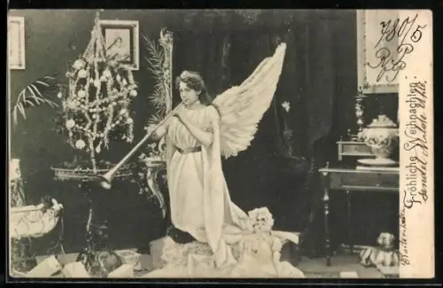 AK Weihnachtsengel musiziert am Weihnachtsbaum, Fröhliche Weihnachten