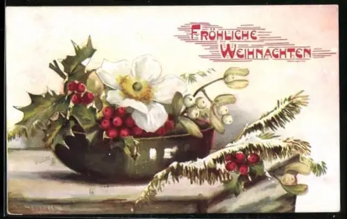Künstler-AK Schale mit Blume und Stechpalmenzweigen, Fröhliche Weihnachten