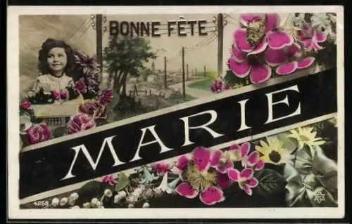 AK Mädchen freut sich über Blumen, Bonne Fete MARIE, Namenstag