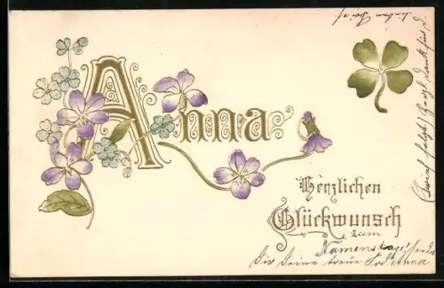 Präge-AK Herzlichen Glückwunsch zum Namenstag, Anna, Kleeblatt und Blumen
