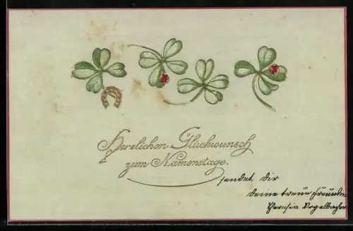AK Kleeblatt, Hufeisen und Marienkäfer, Glückwunsch zum Namenstag