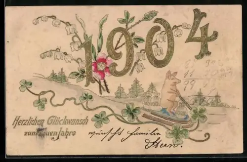 AK Schwein fährt mit Geldsäcken auf einem Schlitten, Glückwunsch zum neuen Jahr 1904