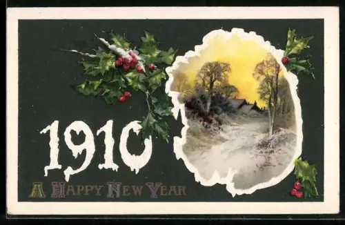 Präge-AK Aufgehende Sonne über dem verschneiten Weg, Happy New Year 1910, Jahreszahl, Neujahr