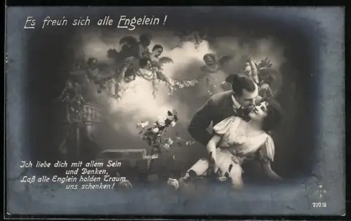 AK Amor betrachtet das verliebte Paar, Es freu`n sich alle Engelein!