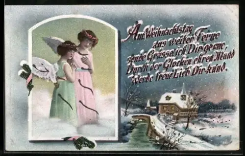 AK Weihnachtsengel in den Wolken, Verschneiter Ort am Abend