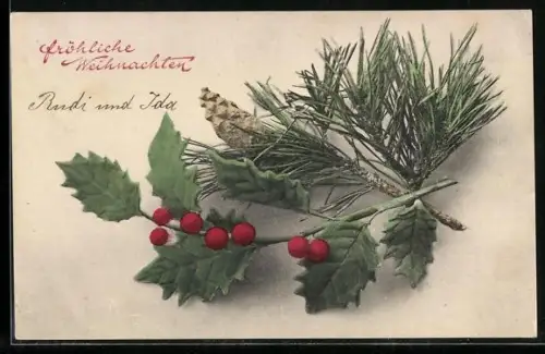 AK Tannenzweig und Ilex, Fröhliche Weihnachten