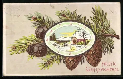 Präge-AK Tannenzweig umrahmt eine Winterlandschaft, Frohe Weihnachten