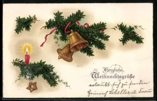 AK Tannenzweige und Weihnachtsglocken, Herzliche Weihnachtsgrüsse