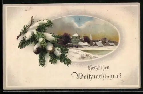 AK Tannenzweige und verschneite Winterlandschaft, Herzlichen Weihnachtsgruss