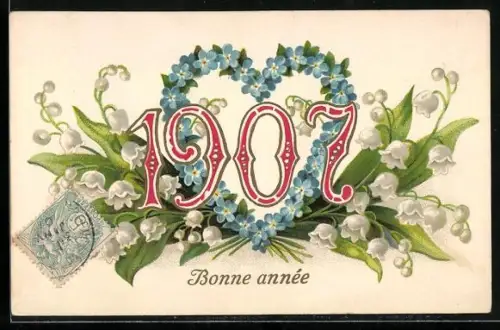 Präge-AK Blütenherz und Schneeglöckchen, Jahreszahl 1907, Bonne année