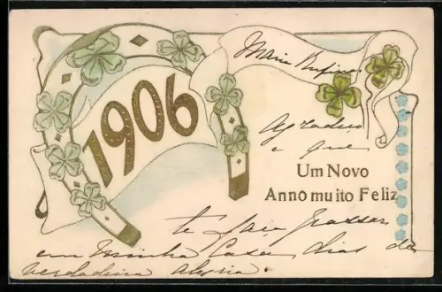 Präge-AK Hufeisen umrahmt die Jahreszahl 1906, Um Novo Anno mu ito Feliz