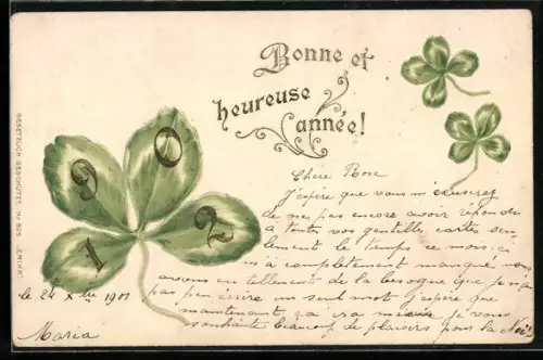 Präge-AK Kleeblatt und Jahreszahl 1902, Bonne et heureuse année