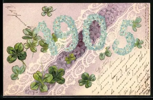 Präge-AK Blüten bilden die Jahreszahl 1905, Kleeblätter und Veilchen