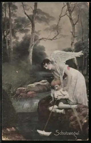 AK Schutzengel wacht über ein Kind an einem Bach