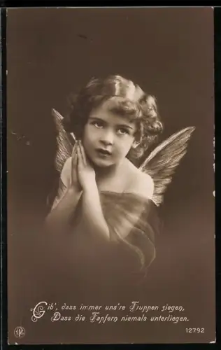 AK Mädchen mit Engelsflügeln betet, Gib, dass immer uns`re Truppen siegen