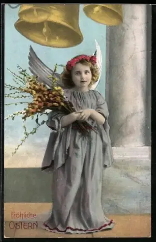 AK Kleiner Osterengel unter läutenden Glocken