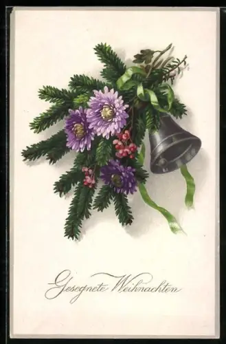 AK Weihnachtsgesteck mit Blumen und Glocke