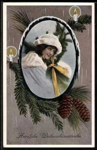 AK Frau in Winterkleidung mit Tannenzweigen in ovalem Passepartout