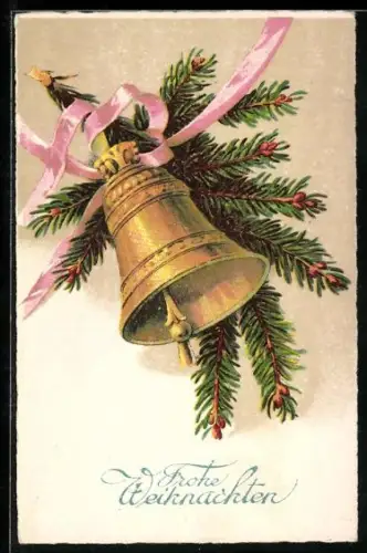 AK Tannenzweig mit Glocke und Schleife, Frohe Weihnachten
